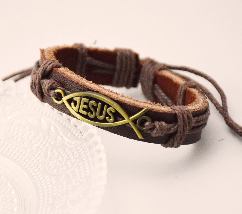 Poisson avec inscription Jésus sur cuir BRACELET