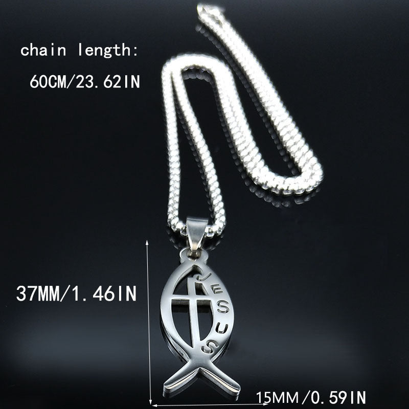 Pendentif de Poisson en Acier Inoxydable Plaqué Or Élégant avec Inscription "Jésus" COLLIER