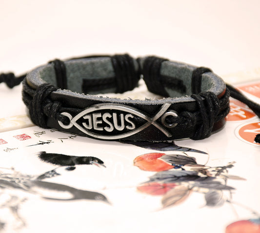 Poisson avec inscription Jésus sur cuir BRACELET