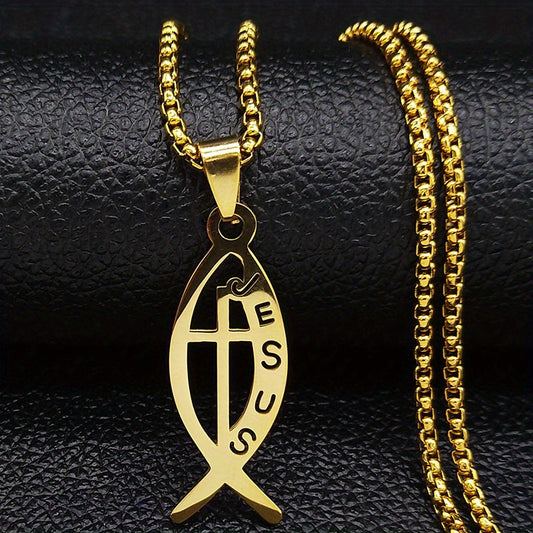 Pendentif de Poisson en Acier Inoxydable Plaqué Or Élégant avec Inscription "Jésus" COLLIER