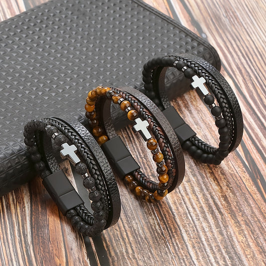 Croix sur perles et cuir BRACELET